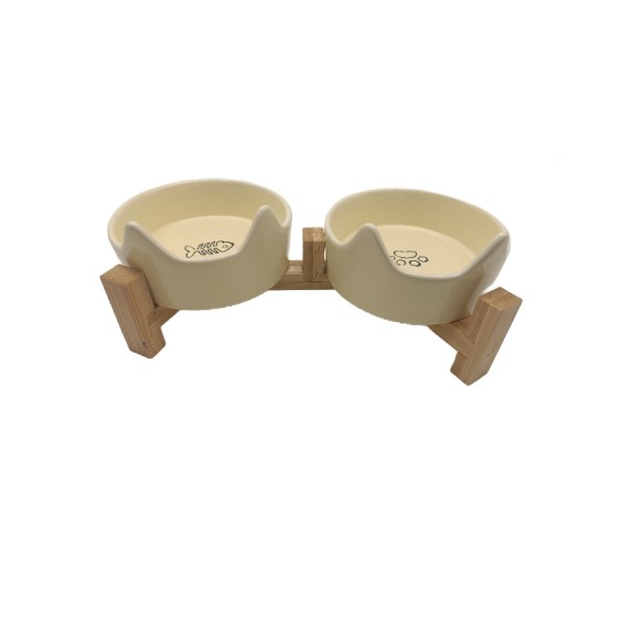 Cat Ear-Shaped Creamy Yellow Ceramic Double Bowl + Upgraded Tall Wooden Frame