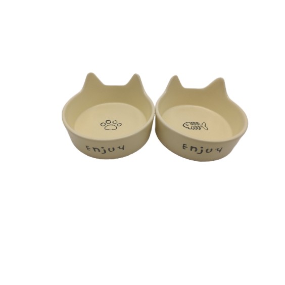 Cat Ear-Shaped Creamy Yellow Ceramic Double Bowl + Upgraded Tall Wooden Frame