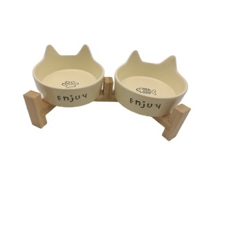 Cat Ear-Shaped Creamy Yellow Ceramic Double Bowl + Upgraded Tall Wooden Frame