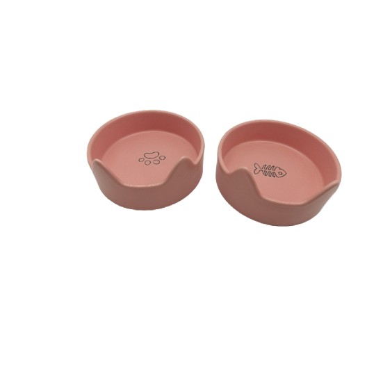 Cat Ear-Shaped Creamy Pink Ceramic Double Bowl + Upgraded Tall Wooden Frame