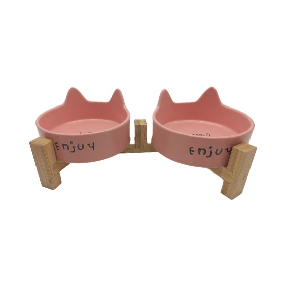 Cat Ear-Shaped Creamy Pink Ceramic Double Bowl + Upgraded Tall Wooden Frame