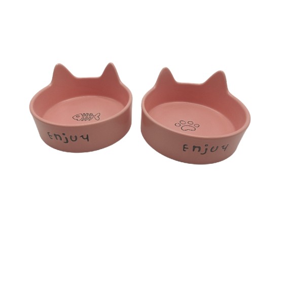 Cat Ear-Shaped Creamy Pink Ceramic Double Bowl + Upgraded Tall Wooden Frame