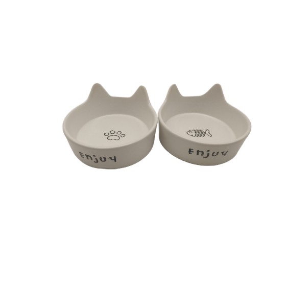 Cat Ear-Shaped Creamy White Ceramic Double Bowl + Upgraded Tall Wooden Frame