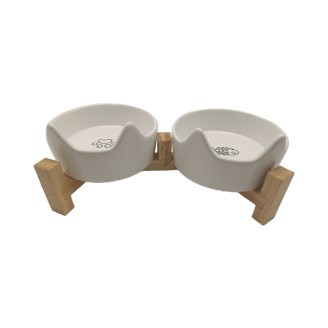 Cat Ear-Shaped Creamy White Ceramic Double Bowl + Upgraded Tall Wooden Frame